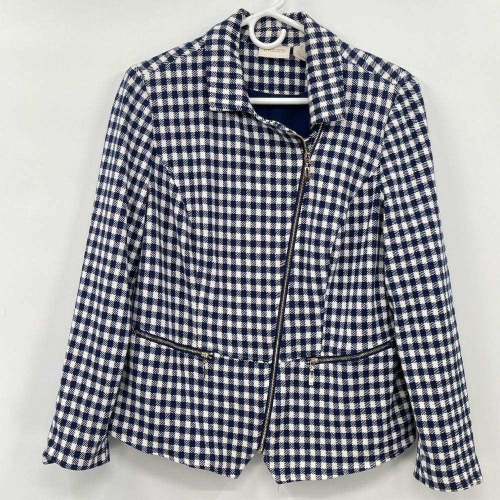 Chicos Blue White Gingham Check Moto Jacket Blazer Womens Size 1 Zipper Pockets